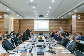 Deputy Minister of Science and Technology Le Xuan Dinh (standing, left) speaks at the working session with INIR Mission in Hanoi on December 1. (Photo: VNA)
