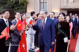 Party General Secretary and State President To Lam and his spouse meet with staff of the Vietnamese Embassy and representatives of the Vietnamese community in China on April 14. (Photo: VNA)