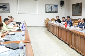 The working session between Cuban Minister of Foreign Trade and Investment Oscar Perez Oliva and the Vietnamese delegation. (Photo: VNA)
