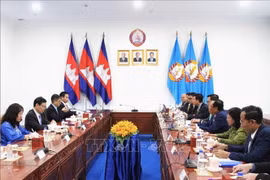 An overview of the working session between the delegation from the Party Central Committee’s Commission for Information, Education and Mass Mobilisation and the CPP Central Committee’s Mass Mobilisation Commission (Photo: VNA)
