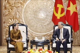 General Secretary of the Communist Party of Vietnam Central Committee To Lam (right) and Vice President of the Cambodian People’s Party Men Sam An at the meeting in Hanoi on January 26 (Photo: VNA)