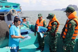 Border guards examine documentation of a fishing vessel. (Photo: VNA)