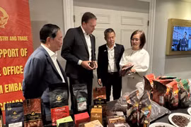 Trade Counsellor Tran Thu Quynh (first, right) introduces high-quality coffee products of Vietnam to Chairman of the Coffee Association of Canada Robert Carter (second from the left). (Photo: VNA)