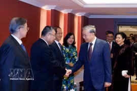 General Secretary of the Communist Party of Vietnam Central Committee and State President To Lam and his spouse Ngo Phuong Ly meet with relatives of Chinese generals, experts and others who had supported Vietnam-China friendship in Beijing on April 15. (Photo: VNA)