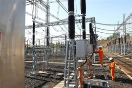 Dak Nong Power Transmission staff inspect equipment at the 500kV Dak Nong substation. (Photo: VNA)