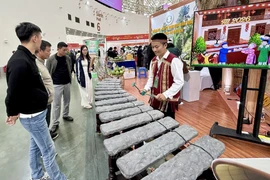 Visitors enjoy stone musical instrument at the booth of Dong Nai province. (Photo: VNA)