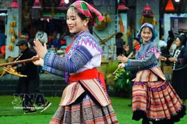 A dance performance by members of the Mong ethnic group at the “Great National Unity Festival” of ethnic communities at the Vietnam National Village for Ethnic Culture and Tourism. (Photo: VNA)