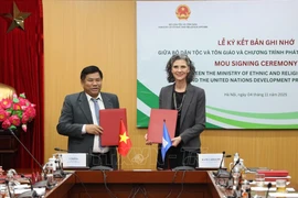 Deputy Minister of Ethnic and Religious Affairs Y Thong and UNDP Resident Representative Ramla Khalidi sign the MoU. (Photo: Ministry of Ethnic and Religious Affairs) 