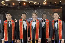 The top five at the Manhunt International 2025 competition. A French contestant (centre) won the pageant, while Vietnamese representative Nguyen Vu Linh (right) was the fourth runner-up. (Photo: Courtesy of Manhunt International 2025)