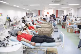 Youngsters donate blood at the National Institute of Haematology and Blood Transfusion in Hanoi. (Photo courtesy of NIHBT)