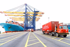 Loading export goods at Hateco International Container Terminal in Hai Phong. (Photo: hanoimoi.vn)