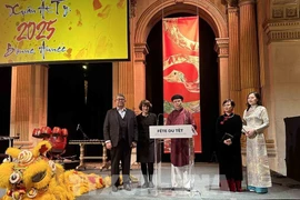 Vietnamese Ambassador to France Dinh Toan Thang (centre) speaks at the Lunar New Year (Tet) gathering (Photo: VNA)