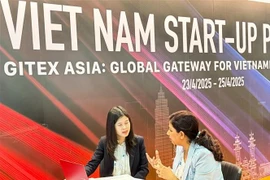 A representative from a Vietnamese startup discusses with an investor at the GITEX Asia 2025 in Singapore. (Photo: VNA)