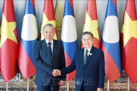 General Secretary of the Communist Party of Vietnam Central Committee To Lam (L) and Lao National Assembly Chairman Saysomphone Phomvihane at their meeting in Vientiane on December 1. (Photo: VNA)