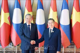General Secretary of the Communist Party of Vietnam Central Committee To Lam (L) and Lao National Assembly Chairman Saysomphone Phomvihane at their meeting in Vientiane on December 1. (Photo: VNA)