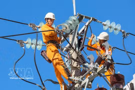 Workers inspect and repair power lines to ensure safe and continuous power supply in the central provinces (Photo: VNA)