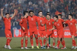 Vietnamese players celebrate their 3-1 win over Singapore in the ASEAN Cup's semi-final second leg match on December 2 in Phu Tho province. (Photo: VNA)