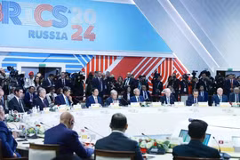 Prime Minister Pham Minh Chinh (fifth from left) attends and delivers a speech at the the plenary session of the expanded BRICS Summit in Kazan, Russia, in October 2024. (Photo: VNA)