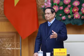 Prime Minister Pham Minh Chinh speaks at a meeting with a delegation of leaders from 37 member companies of the Japan Chamber of Commerce and Industry. (Photo: VNA)