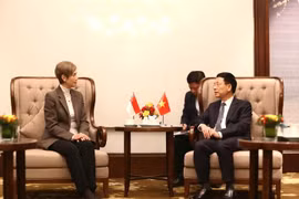 Minister of Science and Technology Nguyen Manh Hung (R) meets with Singaporean Minister for Digital Development and Information Josephine Teo in Hanoi on January 16. (Photo: mst.gov.vn)