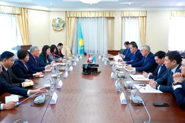 The Vietnamese Government delegation holds a working session with the Deputy Prime Minister and Minister of National Economy of Kazakhstan. (Photo: VNA)