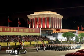 The honour guard of the three military services - Navy, Army and Air Force - rehearses at Ba Dinh Square. (Photo: VNA)