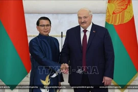 Vietnamese Ambassador to Belarus Nguyen Van Trung (L) and President Alexander Grigoryevich Lukashenko at the meeting in Minsk on September 11. (Photo: VNA)
