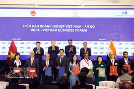 Party General Secretary and State President To Lam (second from left, back) witnesses the exchange of cooperation agreements between Vietnam and India. (Photo: VNA) 
