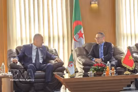 Vietnamese Ambassador to Algeria Tran Quoc Khanh (R) meets with Annaba Governor Abdelkrim Lamouri. (Photo: VNA)