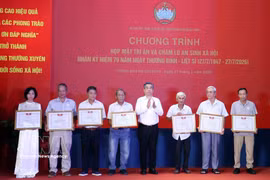 Deputy Secretary of the Ho Chi Minh City Party Committee and President of the Vietnam Fatherland Front Committee of Ho Chi Minh City Nguyen Phuoc Loc (fourth from the right) presents certificates of merit to honour groups and individuals who contribute to the 500-day campaign to search for, collect and identify martyrs' remains” at Le Thi Rieng Park. (Photo: VNA)