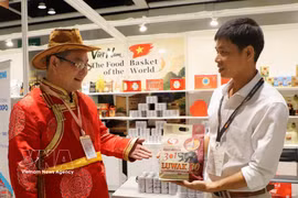 A visitor explores Vietnamese coffee at the expo. (Photo: VNA)