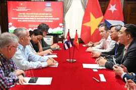 At the working session between delegations of Vietnam's Authority of Publication, Printing and Distribution and Cuban Book Institute in Havana during the former's working visit to Cuba from February 9 to 21. (Photo: VNA)