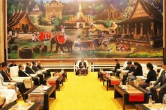 At the February 14 meeting between Lao Prime Minister Sonexay Siphandone and a delegation of Vietnamese businesses and international enterprises from various countries. (Photo: VNA)