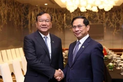 Vietnamese Deputy Prime Minister and Minister of Foreign Affairs Bui Thanh Son (R) and Cambodian Deputy Prime Minister and Minister of Foreign Affairs and International Cooperation Prak Sokhonn in Hanoi on February 25. (Photo: VNA)