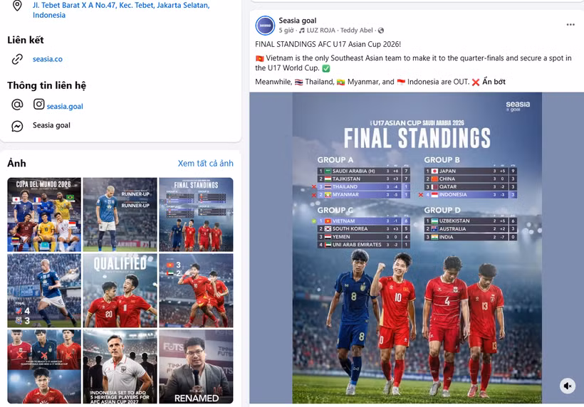 Indonesia’s Seasia Goal updates fans on the Vietnam-UAE match on its Facebook page. (Photo: Screenshot)