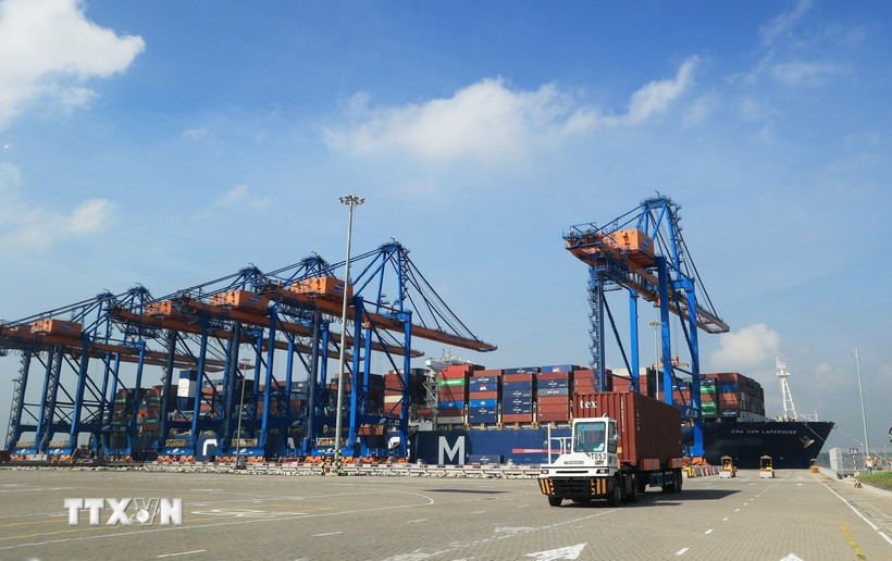Container trucks operate at the Gemalink International Port in the Cai Mep Seaport Complex in Ho Chi Minh City's Tan Phuoc ward. (Photo: VNA)