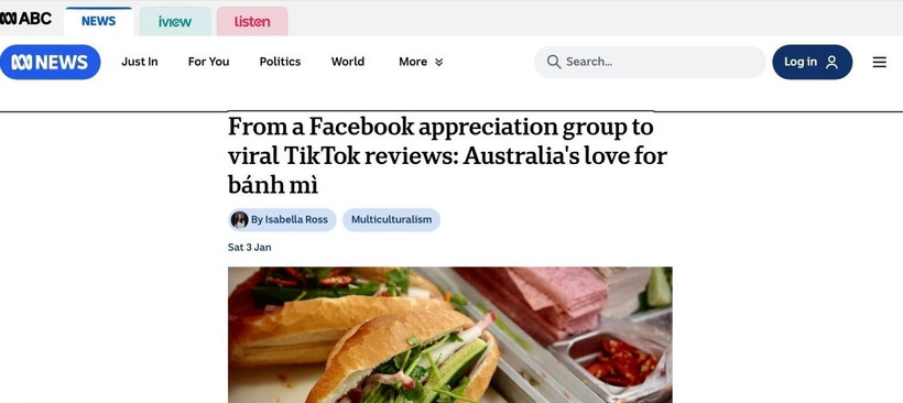 The article published on the ABC News website highlights Australians’ love for Vietnam’s iconic banh mi (Screenshot photo of the news site)