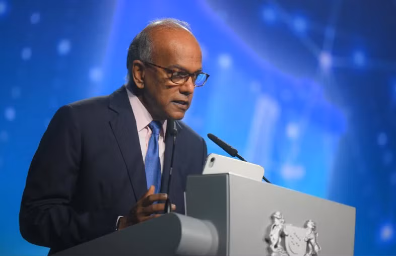 Singapore's Coordinating Minister for National Security and Home Affairs Minister K. Shanmugam speaks at the Milipol TechX Summit on April 28 (Photo: The Straits Times) 