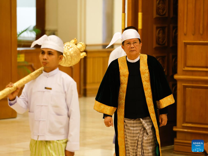 U Aung Lin Dwe (R), speaker of Myanmar's Union Parliament and speaker of Amyotha Hluttaw (Upper House), leaves after the second day meeting of the first regular session of the Union Parliament in Nay Pyi Taw, Myanmar, April 2, 2026. (Photo: Xinhua)