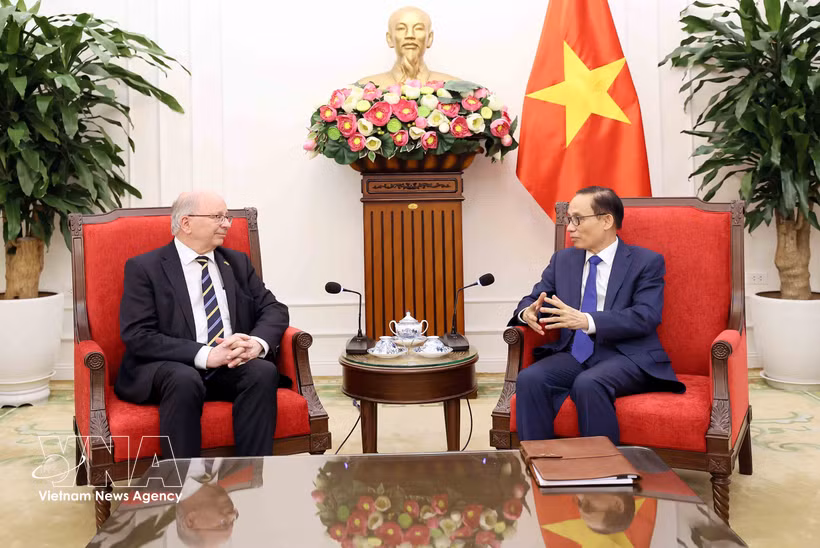 Minister of Foreign Affairs Le Hoai Trung (R) and Swedish State Secretary for Foreign Affairs Dag Hartelius in Hanoi on May 19, 2026. (Photo: VNA)