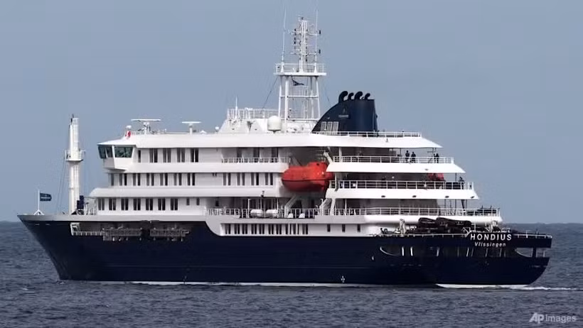 The MV Hondius cruise ship departs the port in Praia, Cape Verde on May 6. (Photo: AP)