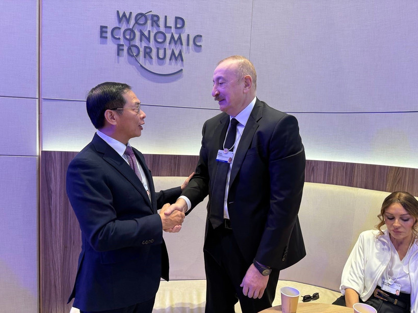 Deputy Prime Minister Bui Thanh Son (left) meets with Azerbaijani President Ilham Aliyev in Davos. (Photo: VNA)