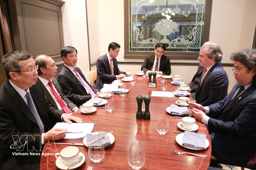 Nguyen Duy Ngoc (third from left), Politburo member and deputy head of the Central Steering Committee for the Development of Science, Technology, Innovation and Digital Transformation, chairs a working session with representatives from Rosen Partners (Photo: VNA)
