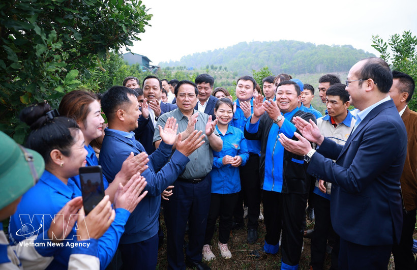 Prime Minister Pham Minh Chinh visits a macadamia cultivation model in Huoi Tao B village, Pu Nhi commune, Dien Bien province on March 8. (Photo: VNA)