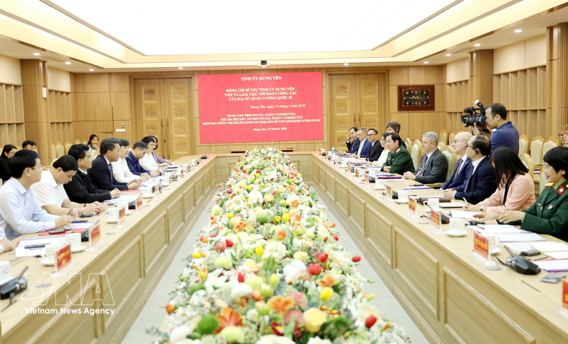 The working session between the Belgian delegation and the Party Committee of Hung Yen province on March 19 (Photo: VNA)