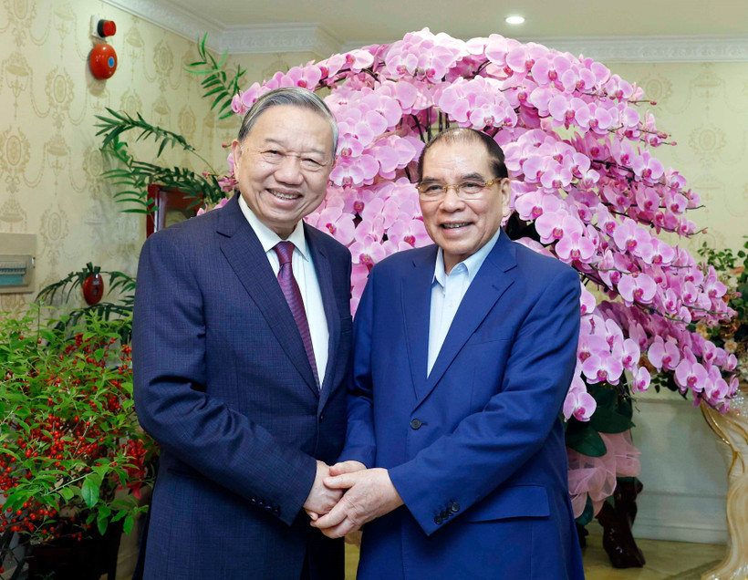 Party General Secretary To Lam (L) and former Party General Secretary Nong Duc Manh in Hanoi on February 2 (Photo: VNA)
