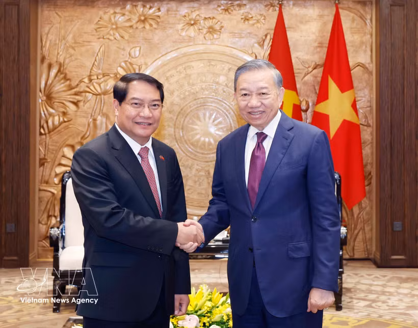 General Secretary of the Communist Party of Vietnam Central Committee and President of Vietnam To Lam (R) receives Athsaphangthong Siphandone, member of the Lao People’s Revolutionary Party Central Committee, Secretary of the Vientiane Party Committee and Chairman of the municipal People’s Council, in Hanoi on May 12, 2026. (Photo: VNA)
