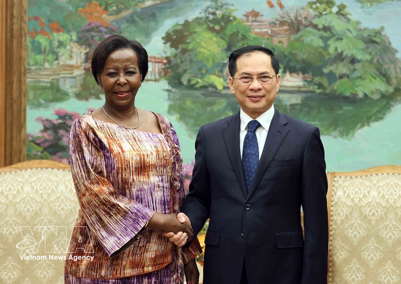 Deputy Prime Minister Bui Thanh Son (R) and Secretary-General of the International Organisation of La Francophonie Louise Mushikiwabo at their meeting in Hanoi on March 6 (Photo: VNA)