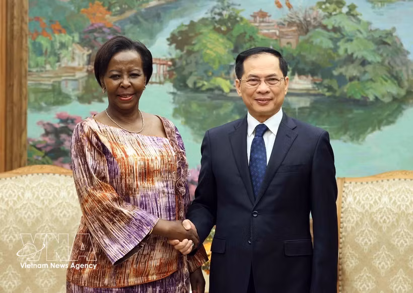 Deputy Prime Minister Bui Thanh Son (R) and Secretary-General of the International Organisation of La Francophonie Louise Mushikiwabo at their meeting in Hanoi on March 6 (Photo: VNA)