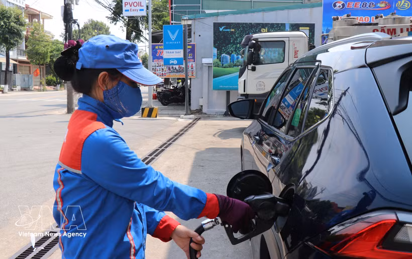 A worker pumps E10 petrol into a vehicle at Tran Phu filling station in Nghia Lo ward, Quang Ngai province. (Photo: VNA)